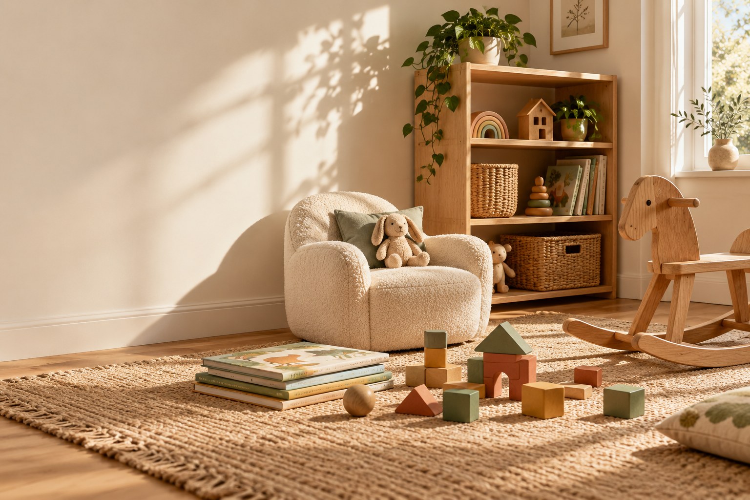 A sunlit playroom with books, wooden blocks and a cosy reading chair