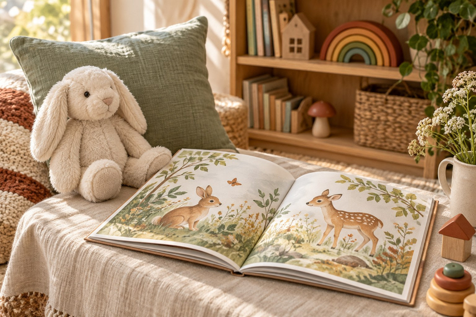 An illustrated storybook and soft rabbit in a cosy reading corner